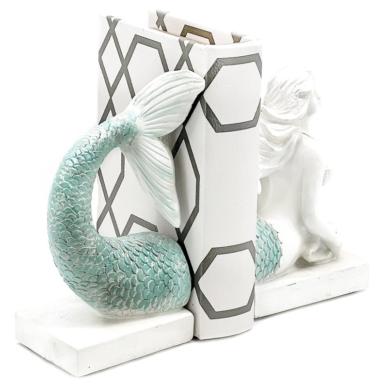 Bellaa 22975 Decorative Bookend Mermaid Antique Farmhouse Sailor Sea Nautical Coastal Fish Boho Beach Decor Retro Vintage Book Ends Distressed White Turquoise 9 Inch - Image 4
